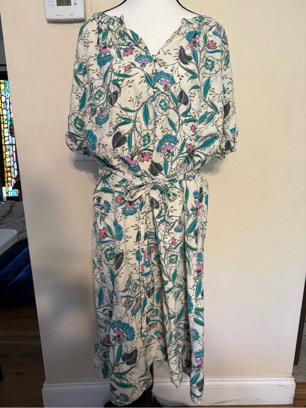 LOFT Floral V-Neck Puff Sleeve Midi Dress Floral Linen Blend Womens XL Belted